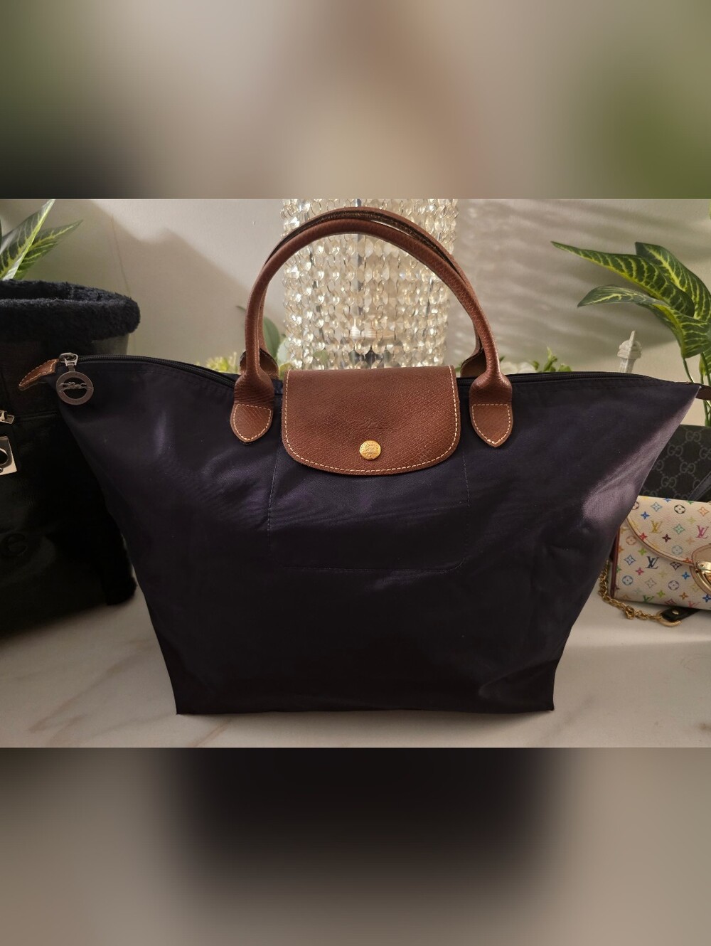 Longchamp Navy Tote with Brown Leather Trim